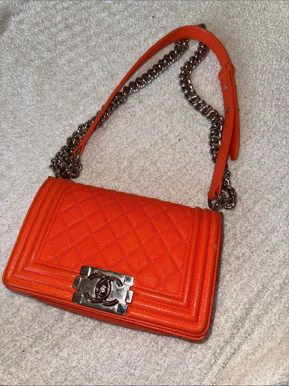 CHANEL Orange Quilted Boy Bag with Silver Chain